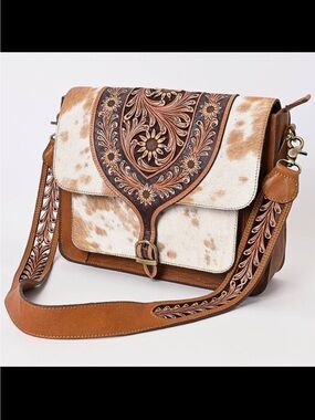 American Darling Brown and White Tooled Leather Cowhide Crossbody Bag
